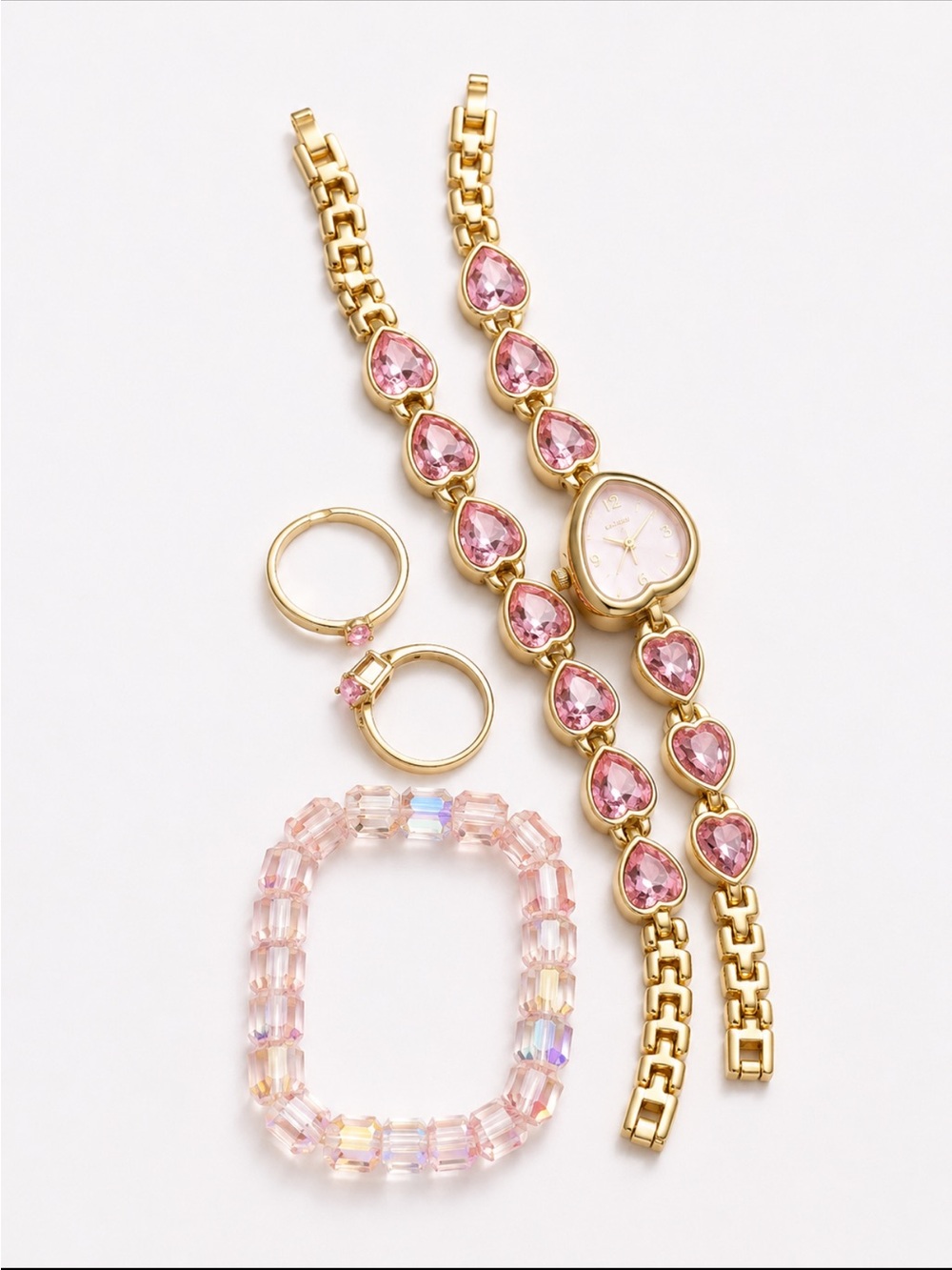 Gold-Tone Bracelet and Ring Jewelry Set with Pink Crystals